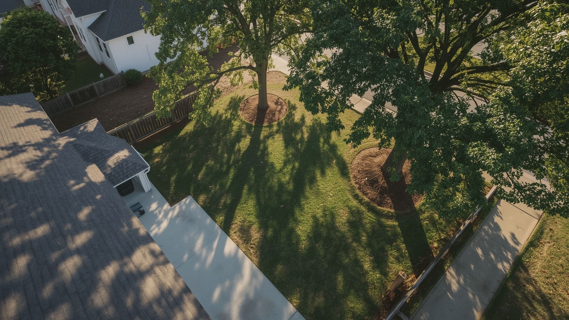 Aerial drone photograph of craftsman suburban home in Raleigh NC neighborhood