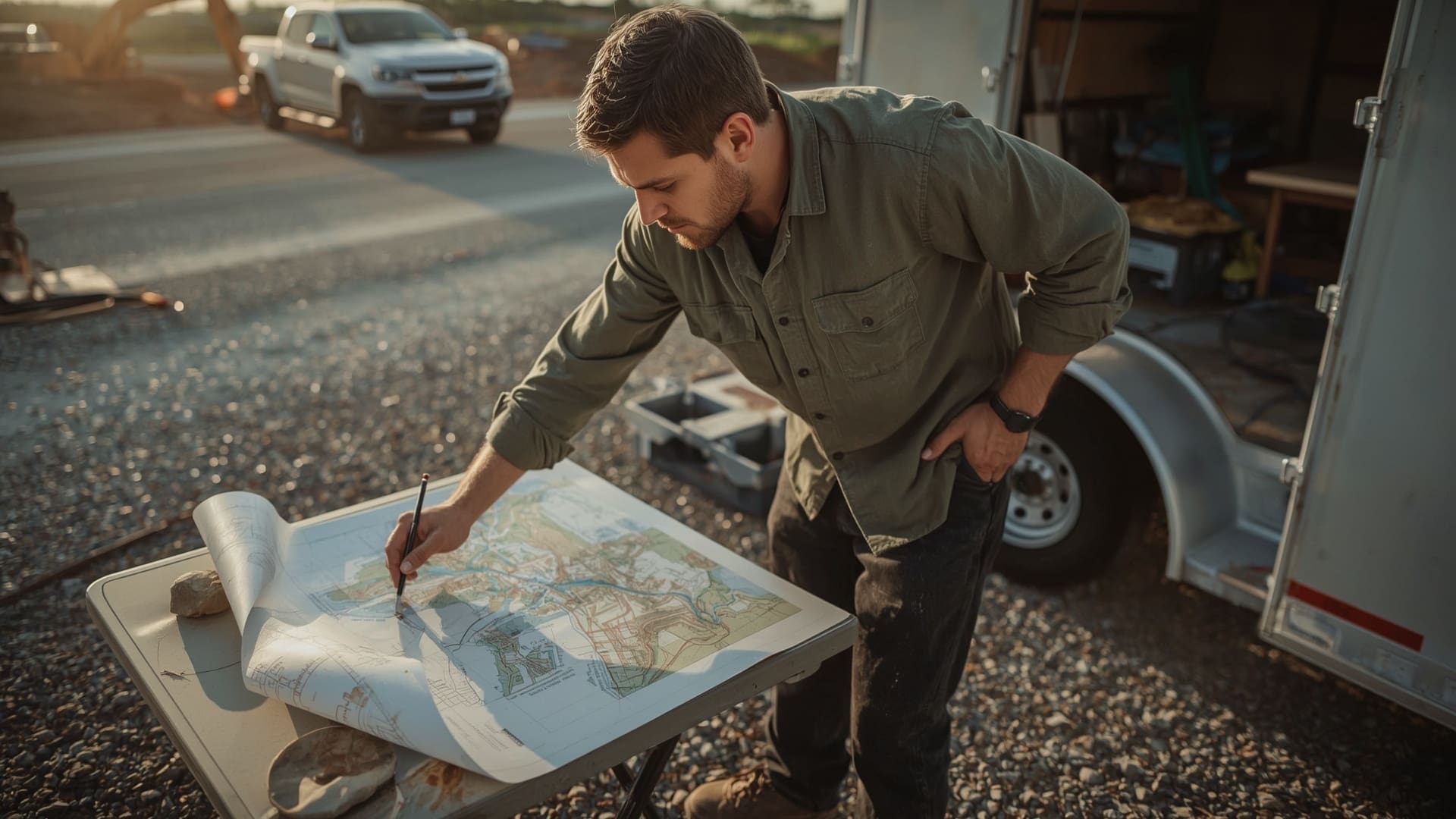 Civil engineer reviewing aerial mapping orthomosaic printout at North Carolina construction site