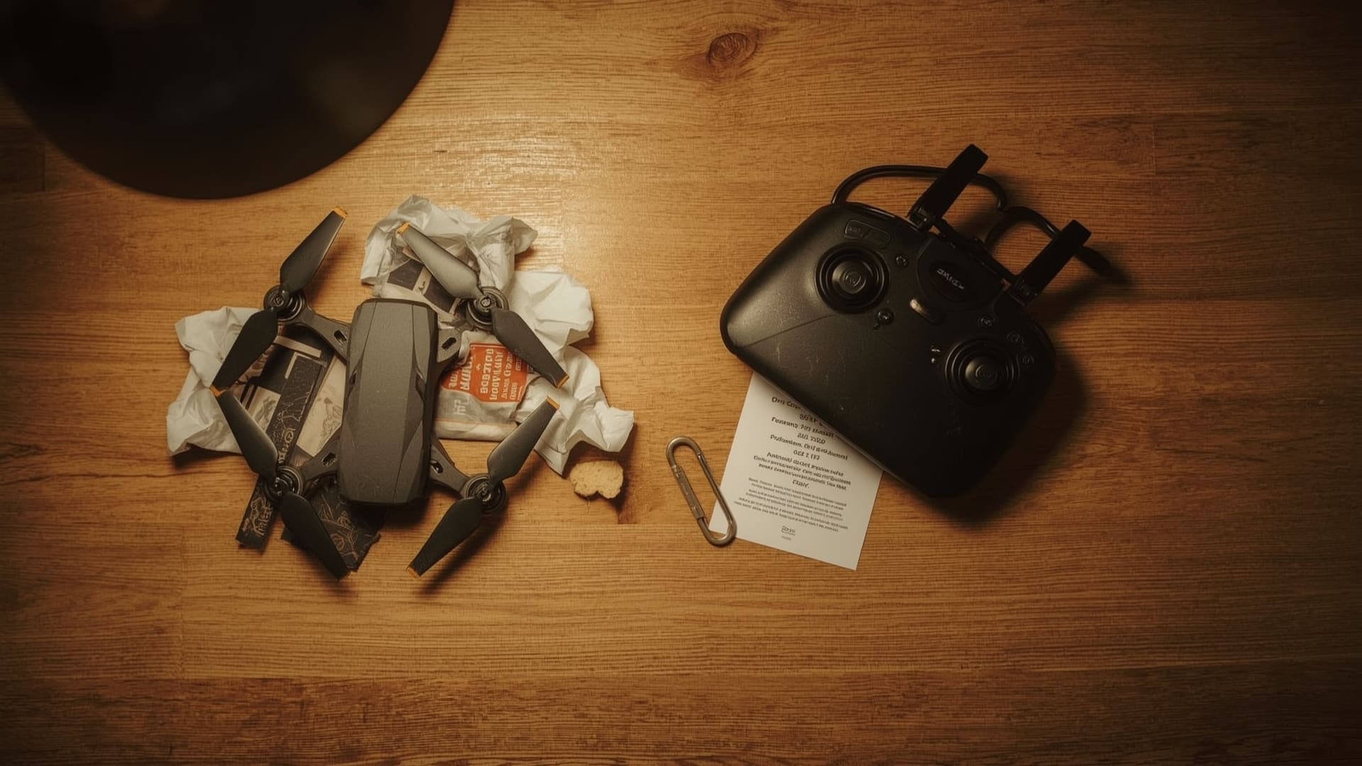 Consumer drone versus professional drone controller comparison flat-lay on wooden table