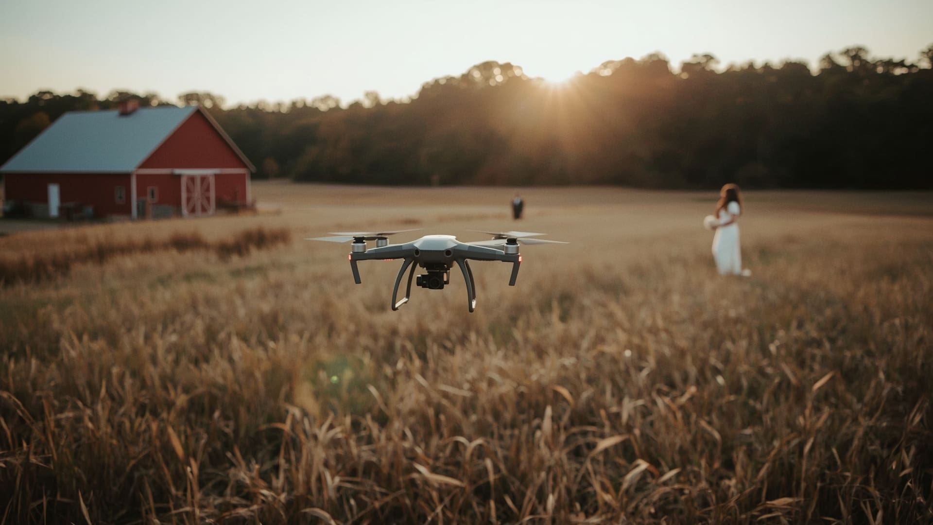 Drone hovering above rustic North Carolina wedding venue at golden hour