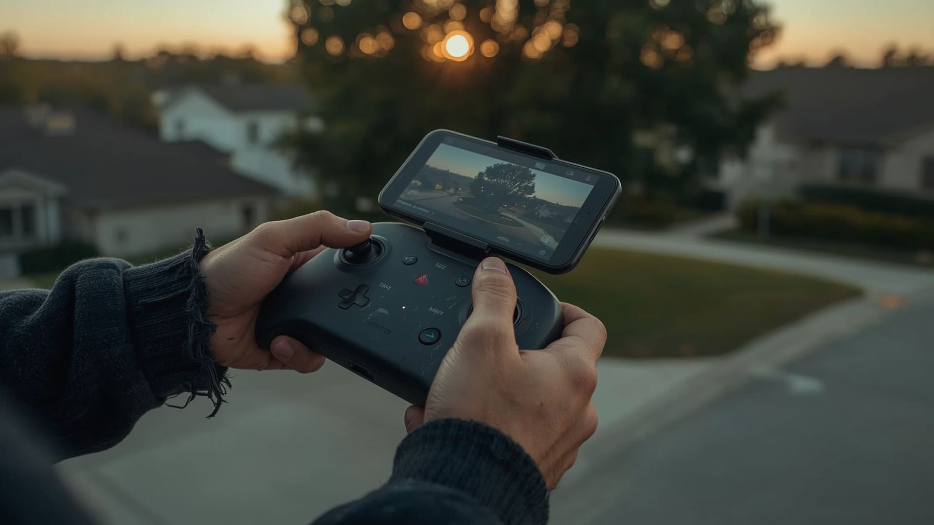 Drone operator hands controlling aerial real estate photography flight at golden hour