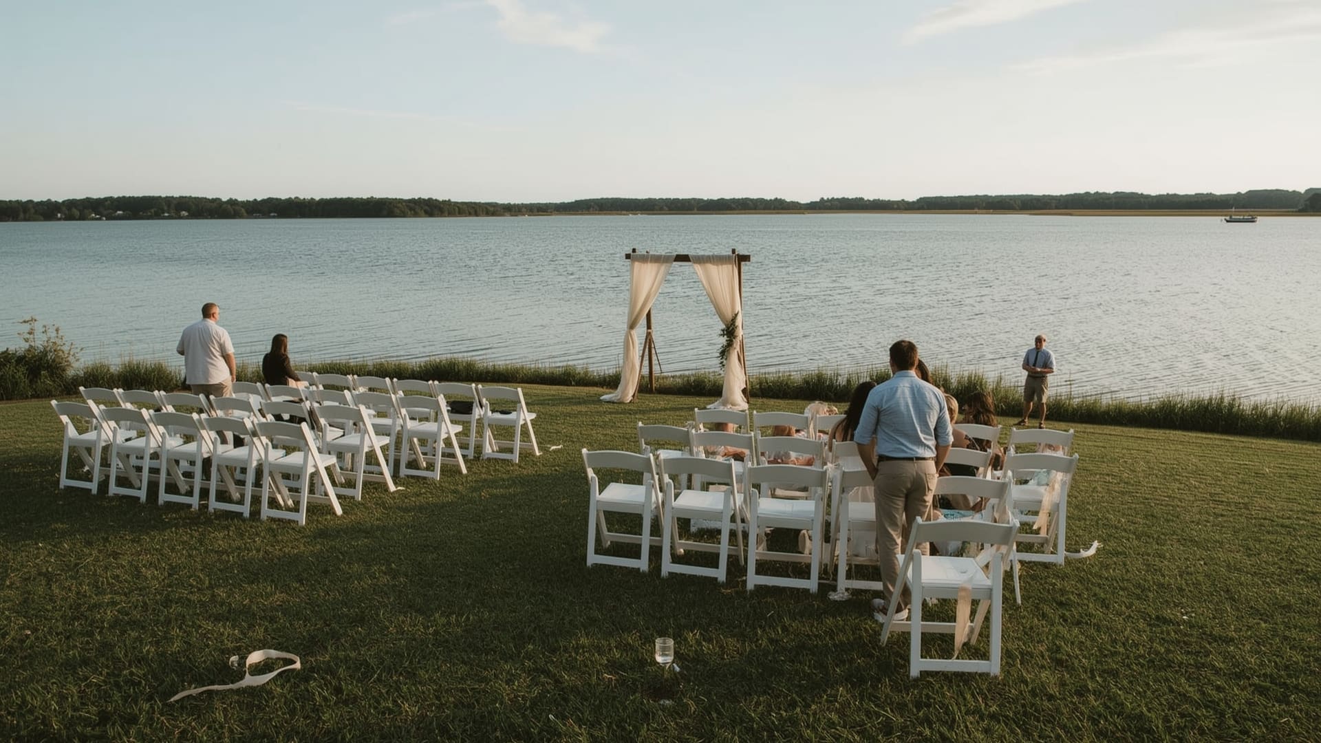 Lakeside wedding ceremony setup with waterfront reflection at a North Carolina venue