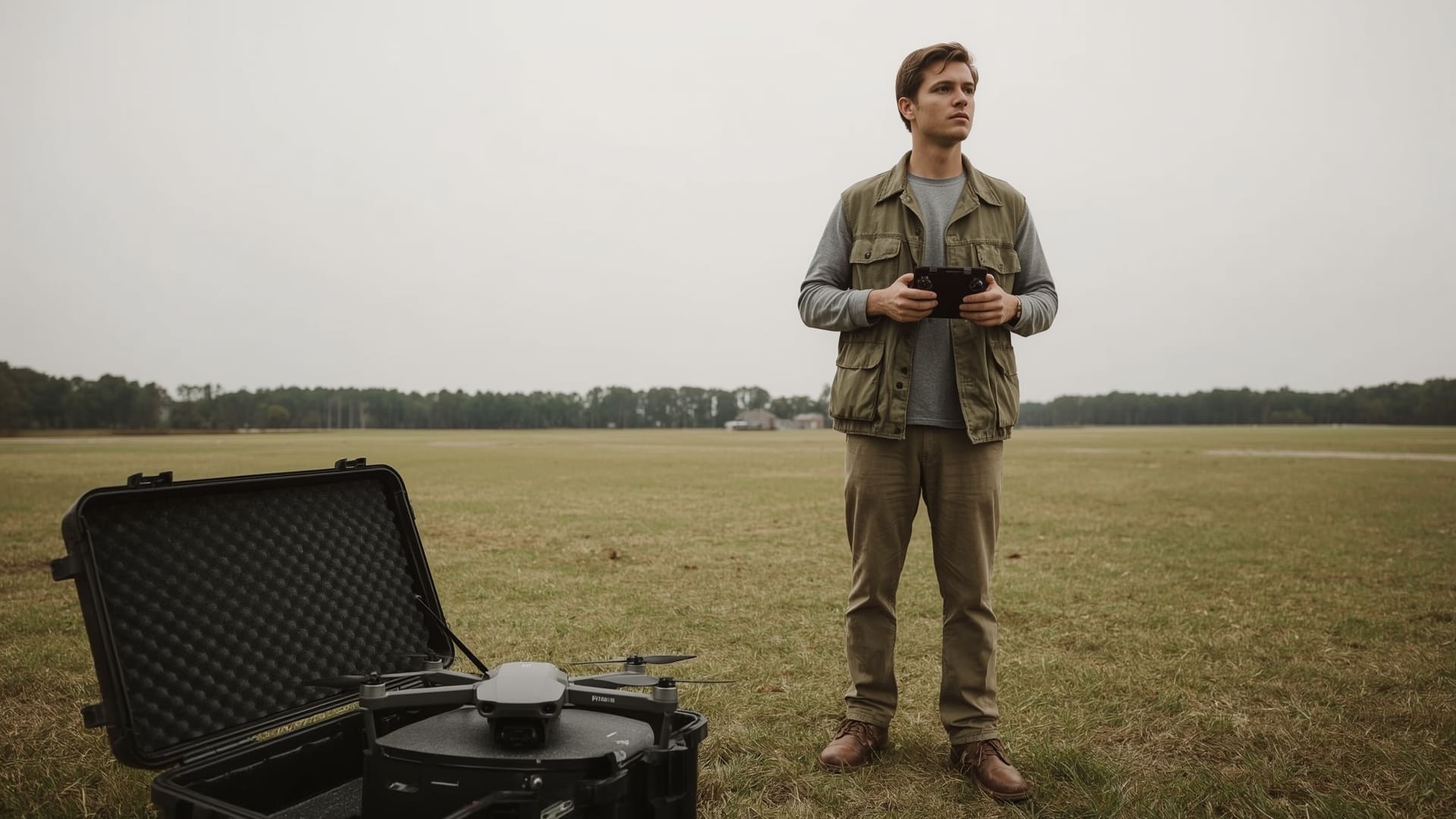 Professional drone operator reviewing flight equipment in open Raleigh NC field