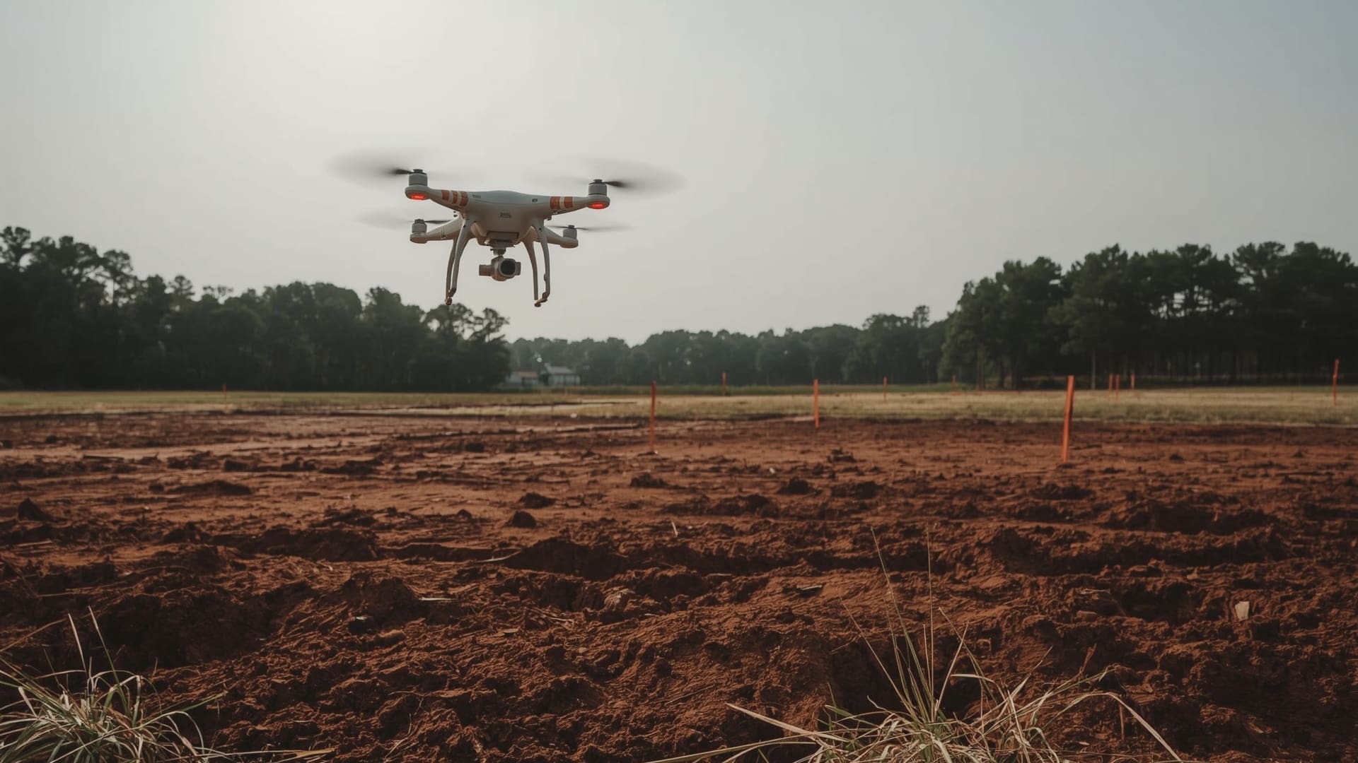 Professional mapping drone flying over North Carolina construction site during aerial survey