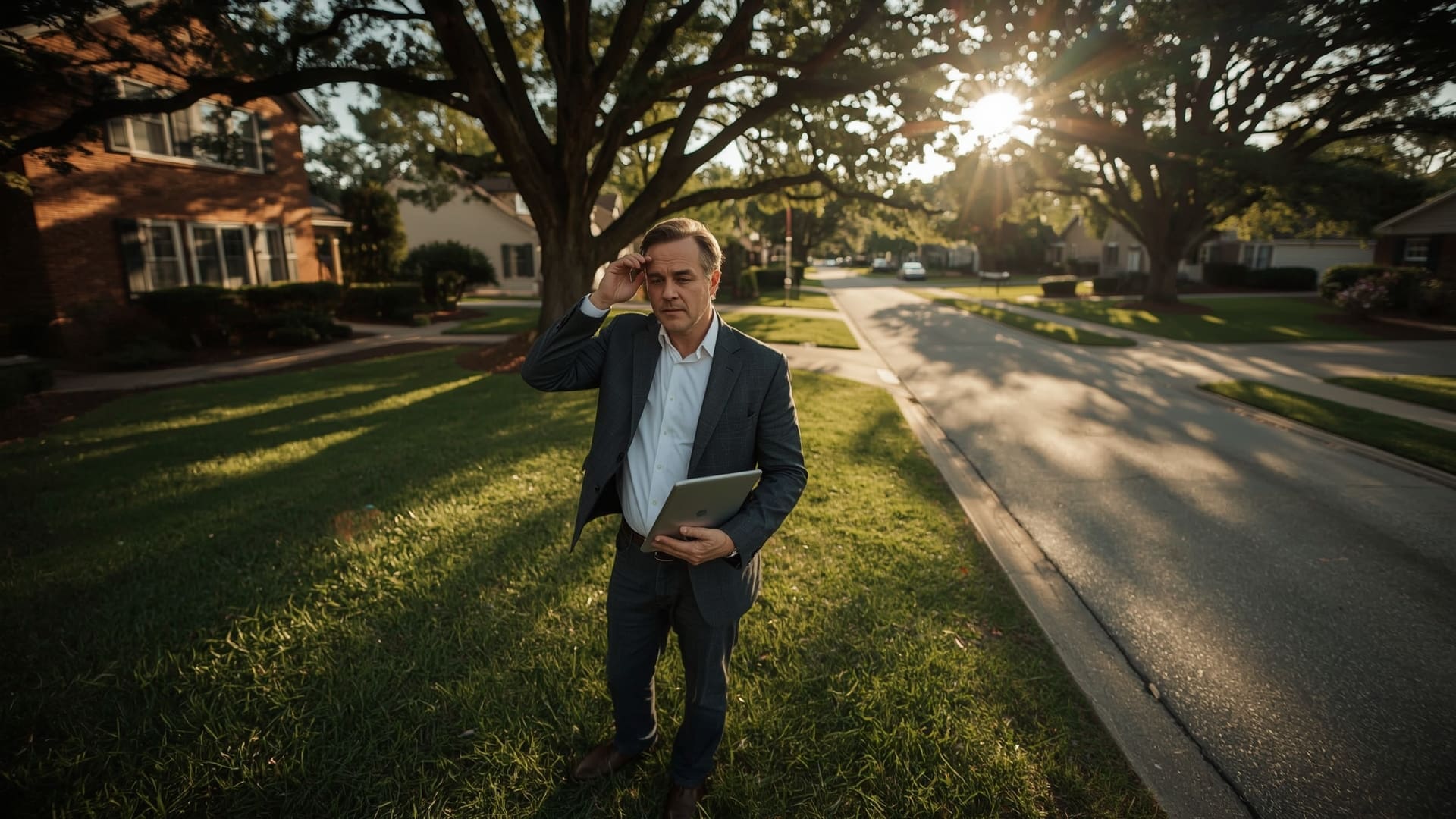 Real estate agent reviewing aerial listing photos outside suburban Raleigh North Carolina home