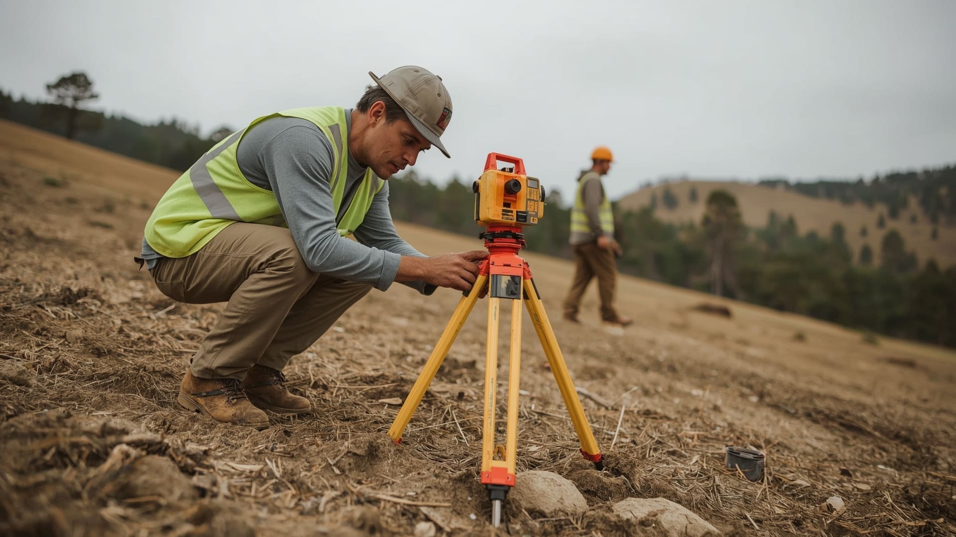 Traditional land surveyor using total station tripod on North Carolina job site terrain