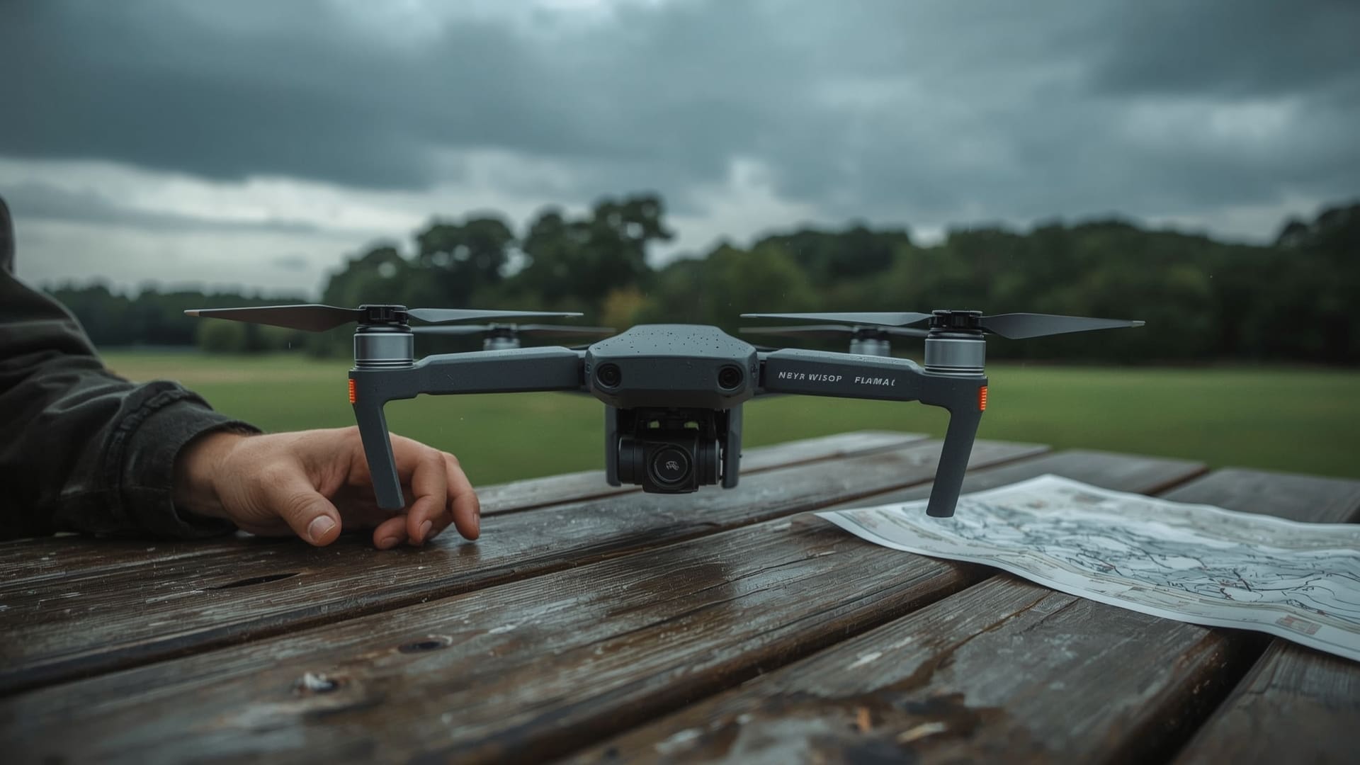 Wedding drone grounded on weathered table under stormy North Carolina overcast sky