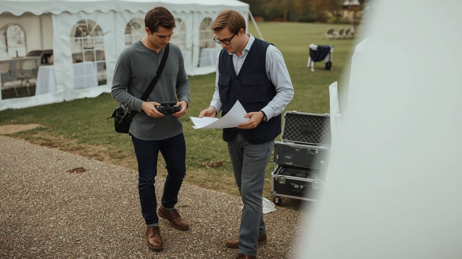 Wedding drone pilot and videographer reviewing shot list at outdoor venue