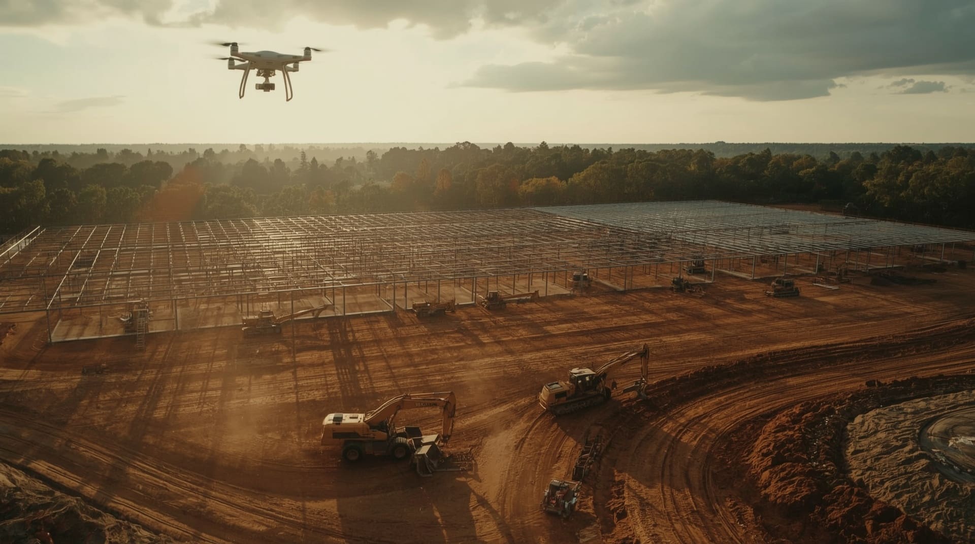 Drone flying over active construction site tracking progress during golden hour