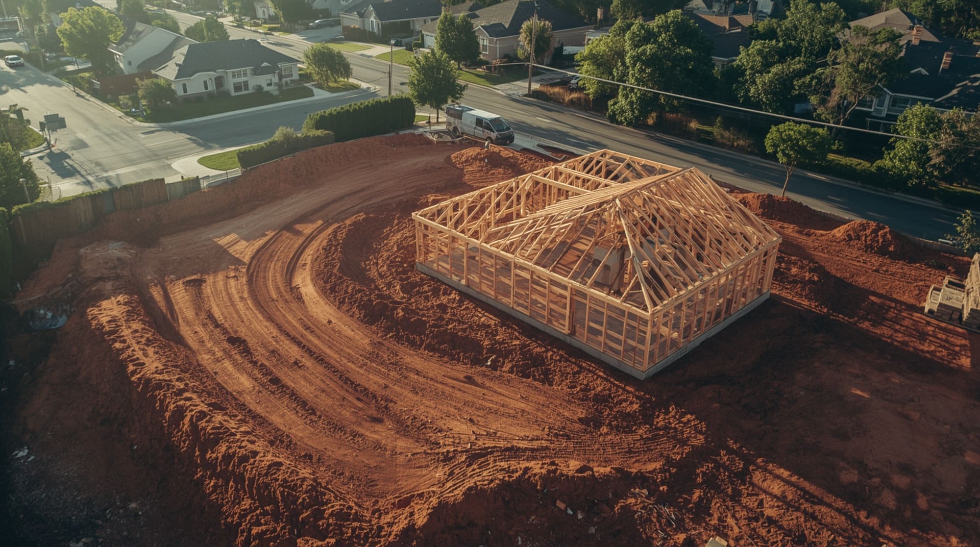 Aerial drone shot looking down at timber-framed new construction site with surrounding neighborhood context