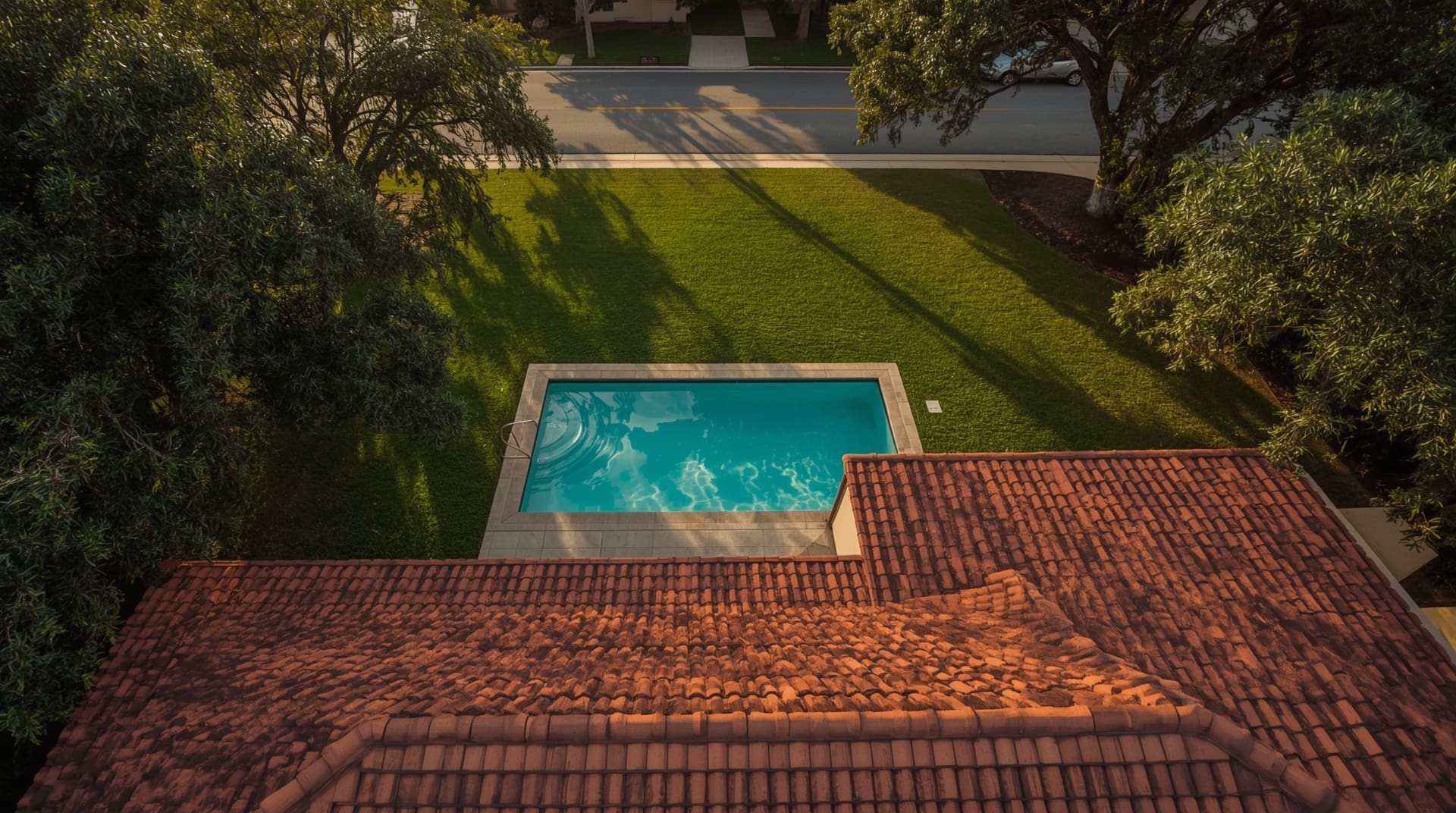 Aerial drone view of luxury residential home with pool at golden hour