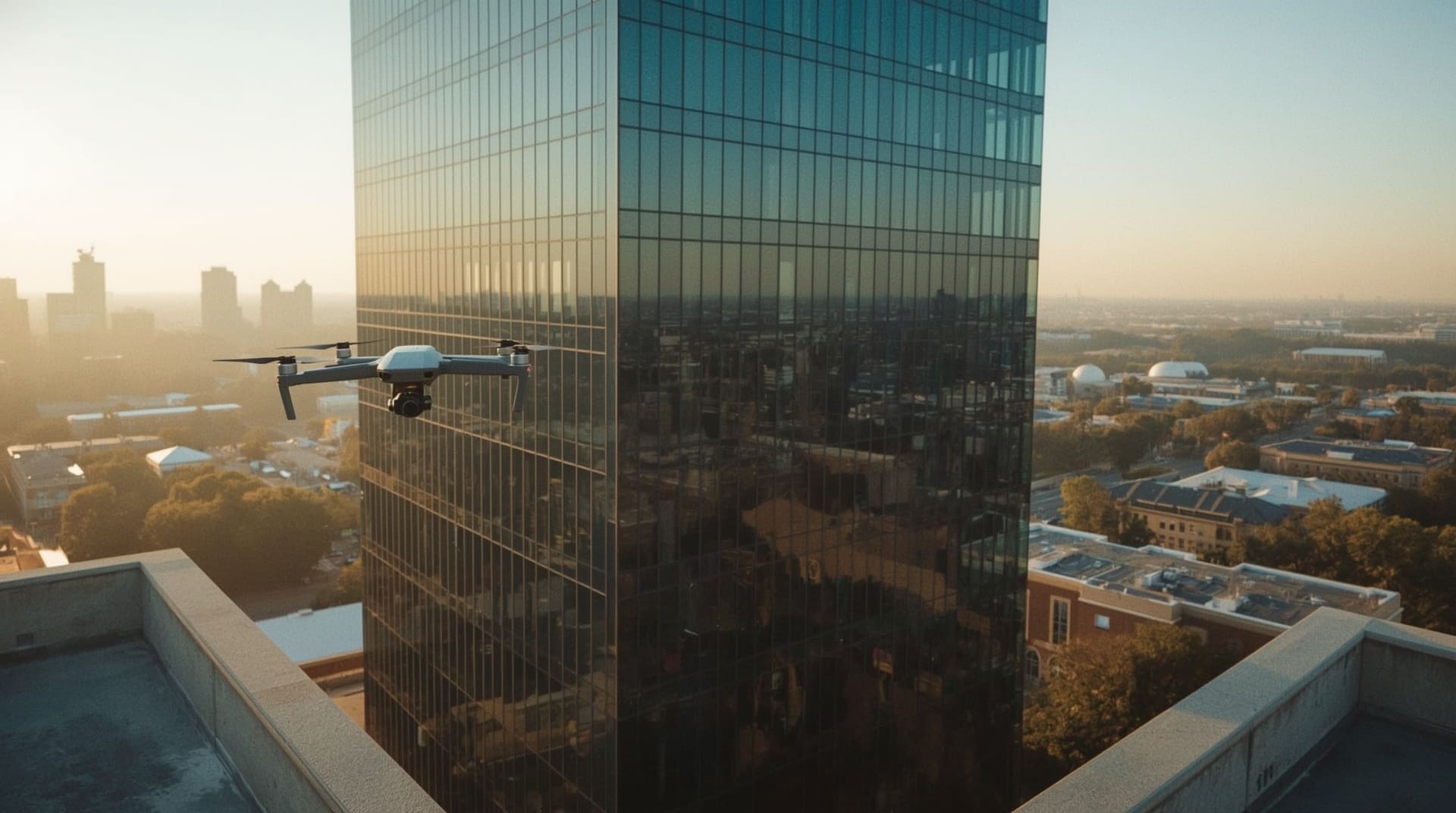 Drone hovering beside glass office tower capturing aerial commercial real estate photography