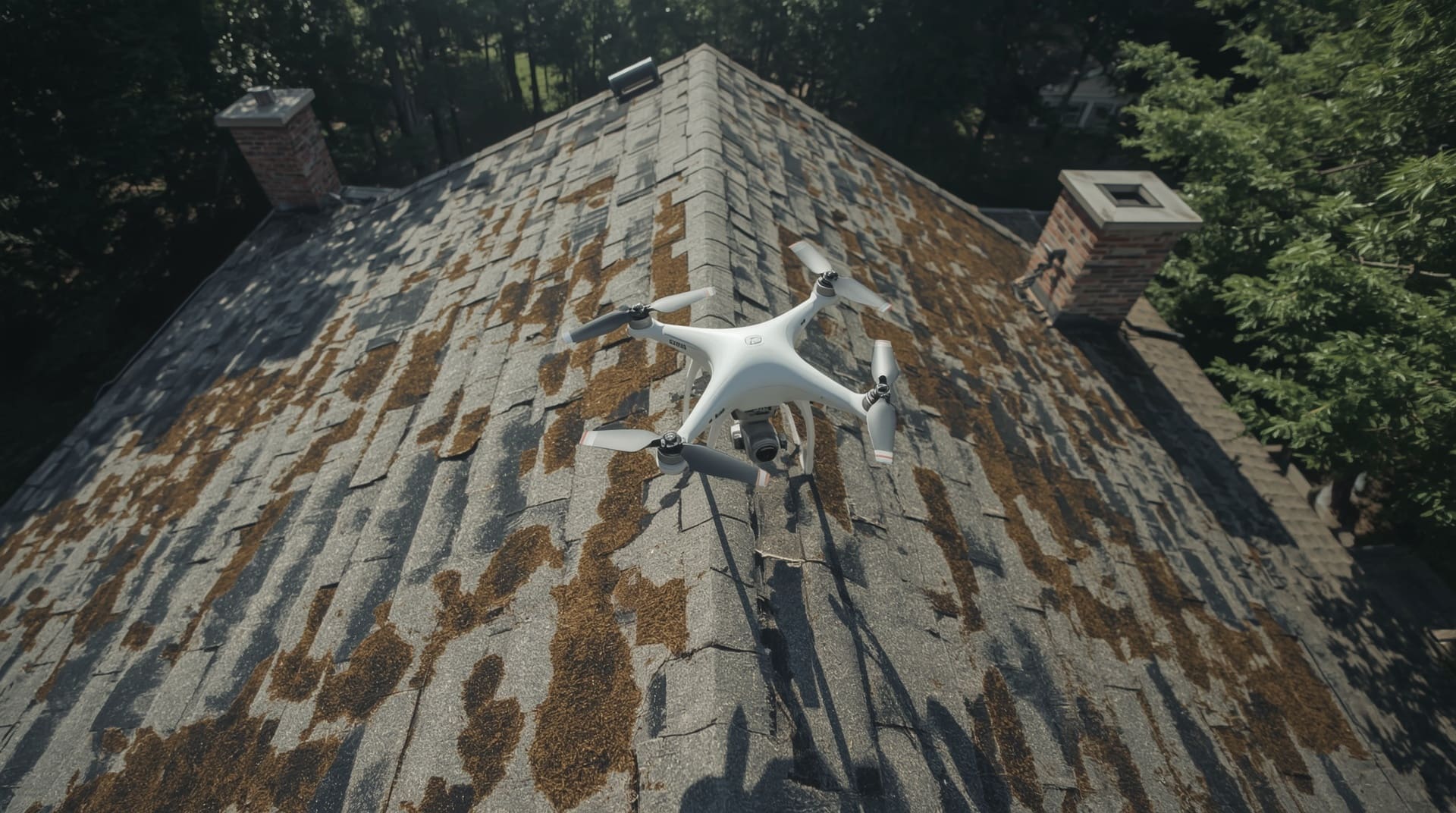Drone hovering over residential roof detecting shingle damage and surface deterioration