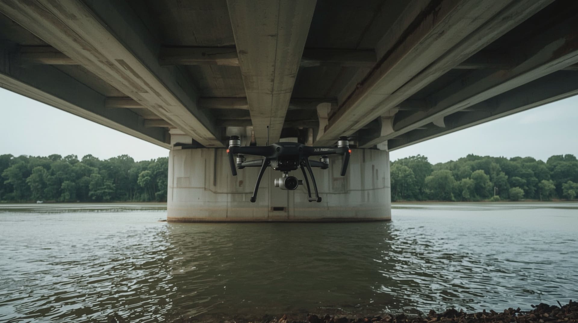 Inspection drone hovering beneath concrete highway bridge over river during aerial survey