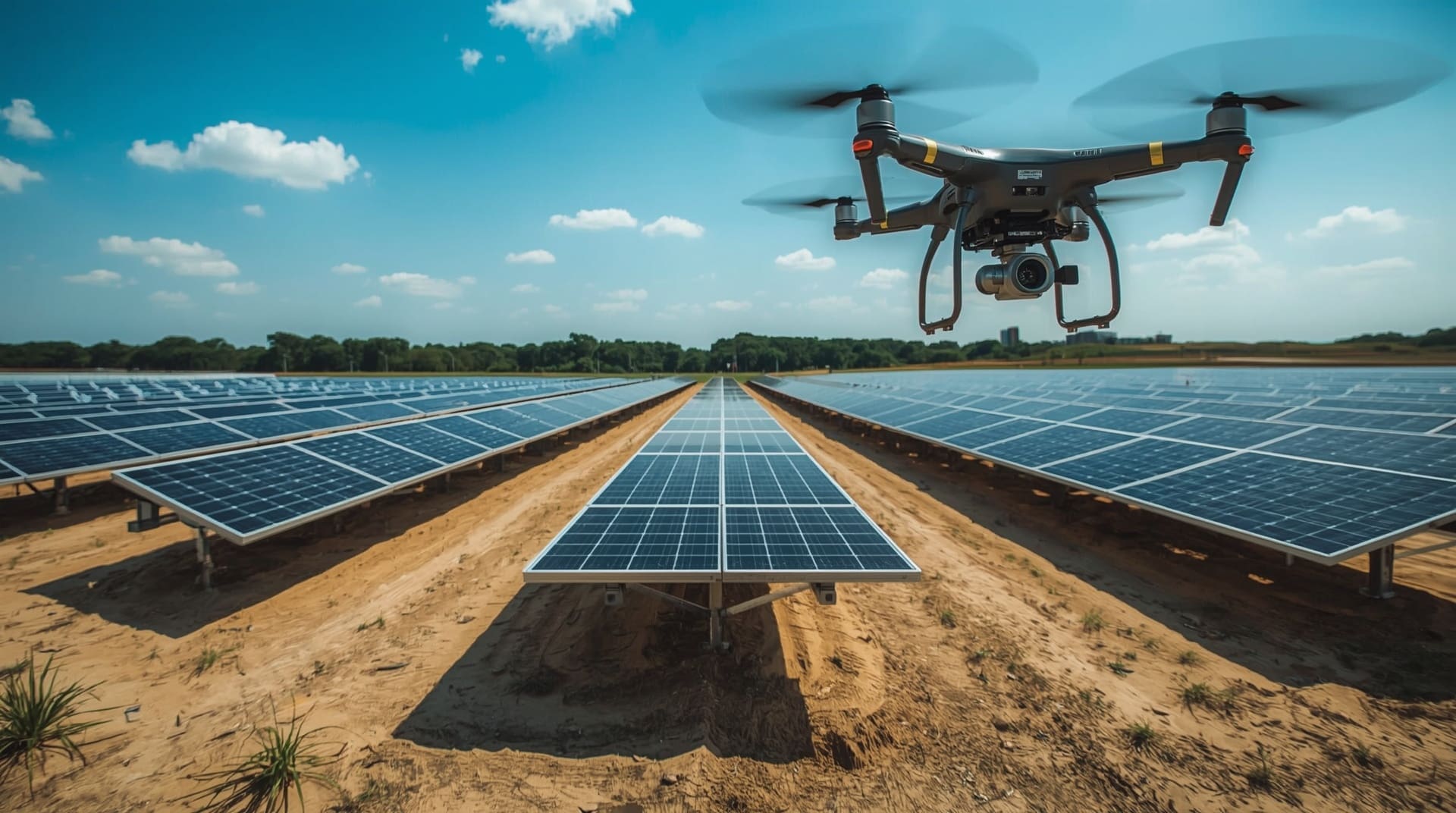 Professional inspection drone flying over large solar panel array during thermal survey