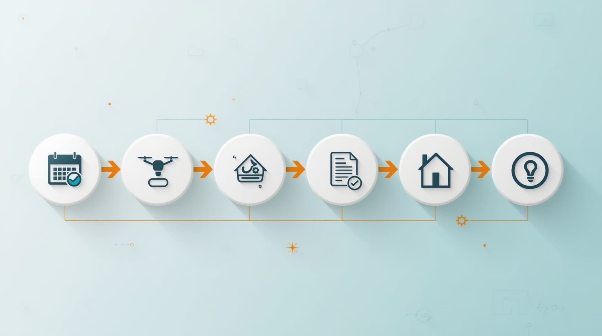Step-by-step infographic showing drone roof inspection process from scheduling to final report